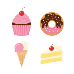 A delightful collection of sweet dessert icons. This vector set features a frosted cupcake, a chocolate donut, an ice cream cone, and a slice of cake