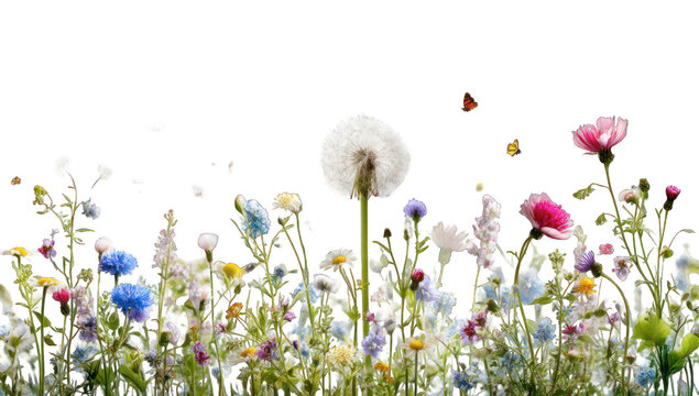 Fototapeta Colorful meadow of wildflowers, butterflies flitting