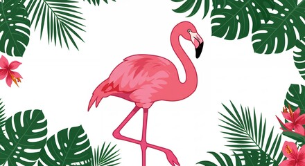 Pink flamingo among tropical plants