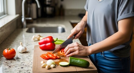 A person cutting a red pepper on a wooden cutting board in a kitchen with other vegetables nearby