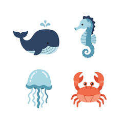Cute Marine Animals Vector Illustration Set - Whales, Seahorses, Jellyfish, and Crabs for Kids