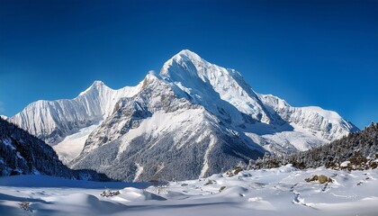 majestic snow capped mountain peak reaching up towards the bright blue sky surrounded by a pristine winter landscape of glistening snow and ice this breathtaking