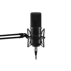 A professional black microphone in studio setting ready to record