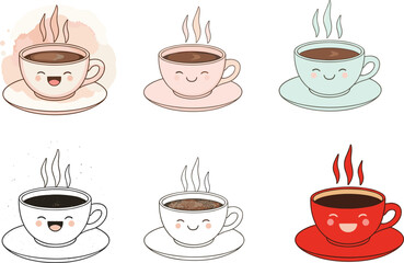 Cute Smiling Coffee Cups with Steam in Cartoon Style, Colorful Vector Set for Café, Beverage, Morning Routine, and Food Design