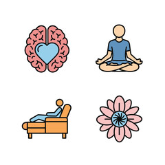Colorful icon set illustrating mental health concepts like psychotherapy, meditation, mindfulness, and emotional well-being