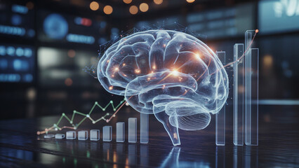 Teal brain and data visualization represent analytics. Use for presentations, technology branding, and AI posters.