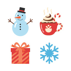 Winter holiday celebration icon set featuring a snowman, hot chocolate, gift box, and snowflake. Cute flat vector graphic design elements
