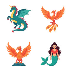 A vibrant collection of mythical creature icons featuring a majestic dragon, fiery phoenix, and enchanting mermaid