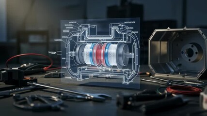 Crosssectional view diagram overlaid on workspace showing internal construction of radioisotope power systems during assembly.