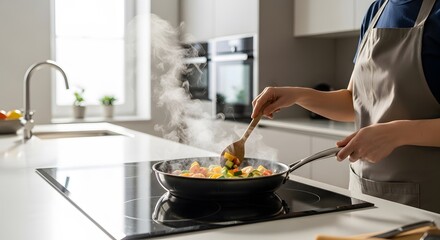 Woman cooking vegetables in a pan on a modern induction hob in a bright minimalist kitchen space