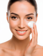 young woman applying cream on her face