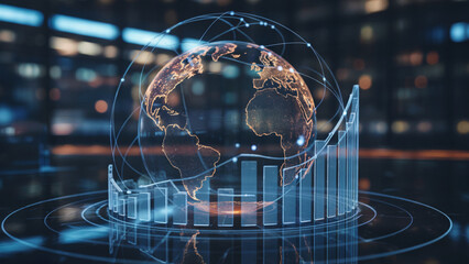 Orange world map graphic shows connections with bar graph, suitable for finance posters.