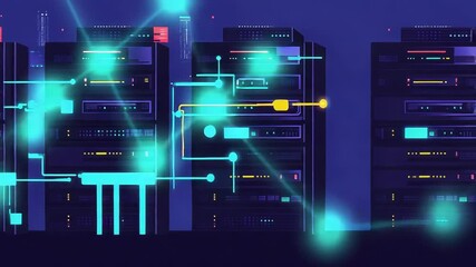 Server racks communicating in futuristic data center with city skyline - Powered by Adobe