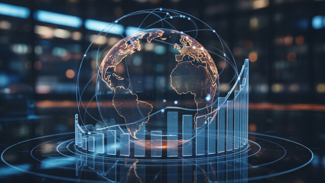 Orange world map graphic shows connections with bar graph, suitable for finance posters.