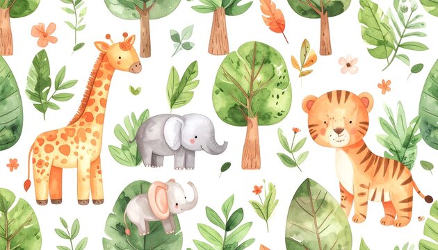 Watercolor jungle animals & plants seamless pattern