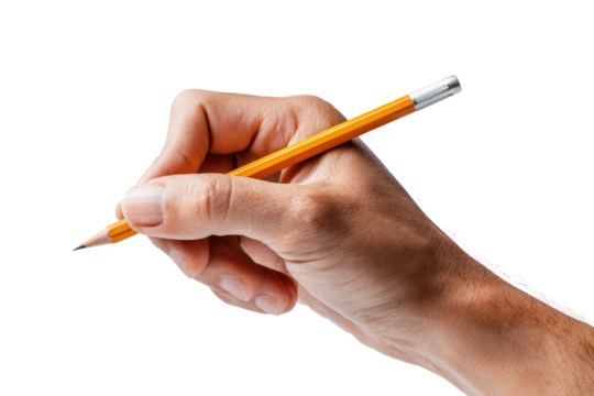 A hand holding a yellow pencil, ready to write.  The hand is in a writing position, with the pencil held firmly. The image is well-lit and focused on the hand and pencil