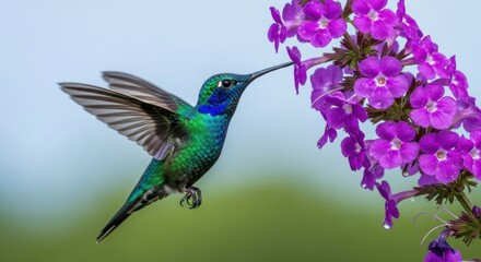 Obraz premium Vibrant hummingbird feeding on purple flowers in nature
