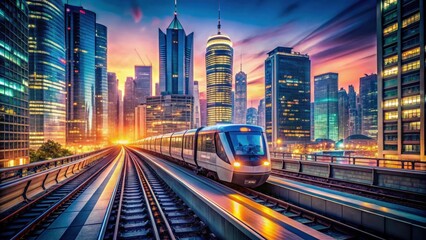 Fototapeta premium Electric train hurtling through a bustling cityscape with towering skyscrapers and neon-lit streets