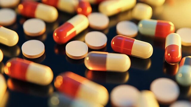 Colorful pills and capsules creating modern medicine imagery