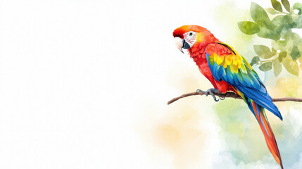 Fototapeta premium Vibrant watercolor illustration of parrot perched on branch, showcasing bright red, green, and blue feathers against soft, colorful background