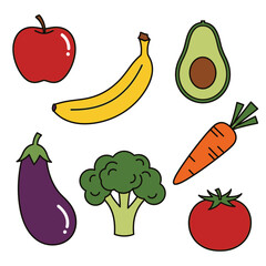 Vibrant and healthy assortment of fresh fruits and vegetables line art vector illustration. A colorful collection of natural produce for a balanced diet and wellness.
