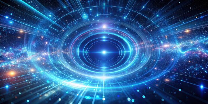 Cosmic blue vortex swirls with neon lights and metallic particles in a futuristic abstract background - Powered by Adobe