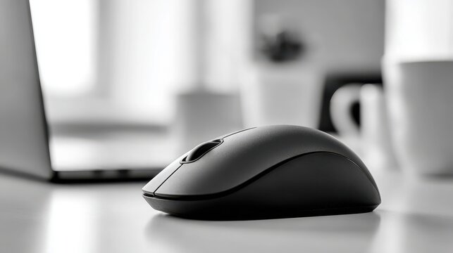 Focused medium shot of a modern wireless mouse on a sparsely decorated desk blurred surroundings enhancing microstock minimalism and tech vibes.