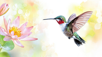 Obraz premium Vibrant hummingbird in flight near pink water lily, showcasing nature beauty and grace. delicate colors create serene atmosphere
