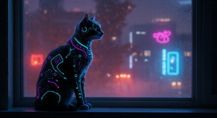 Neon Cat Contemplating City Lights at Night A Digital Art Illustration