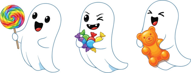 Cute cartoon ghosts, one holding a colorful lollipop, another holding candies, and third one holding a teddy bear, perfect for halloween designs