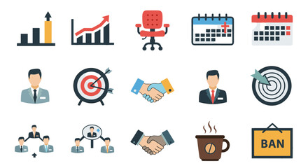 Collection of business themed icons and symbols in flat style