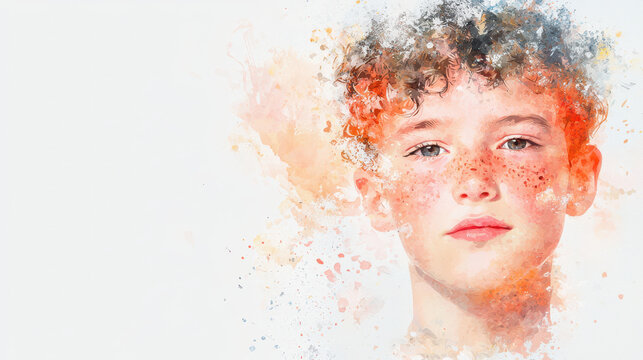 Watercolor portrait of young boy with curly hair and freckles, showcasing vibrant colors and artistic splashes, evokes sense of creativity - Powered by Adobe