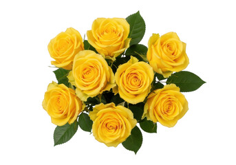 Obraz premium A vibrant bouquet of seven yellow roses with green leaves isolated on transparent background