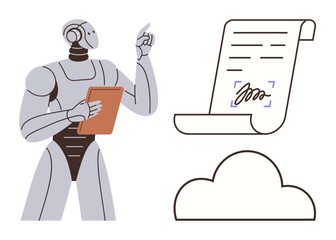 Robot holding digital tablet and pointing to electronic contract scroll with signature, linked to cloud storage. Ideal for AI, automation, digital data, cloud computing, e-signatures, technology