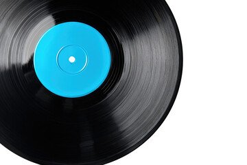 Close-up of a vinyl record with a vibrant turquoise label