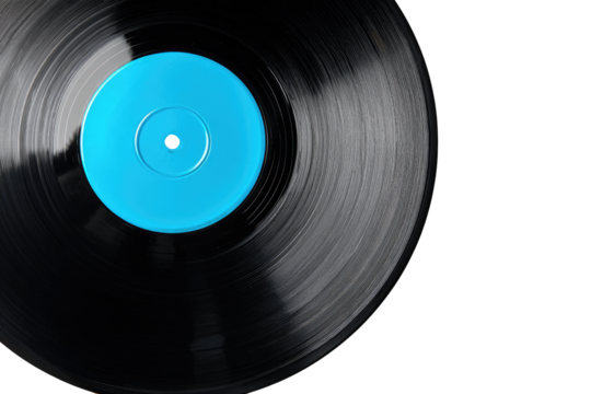 Close-up of a vinyl record with a vibrant turquoise label