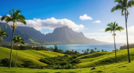 Lush green rolling hills meet a tropical bay with majestic mountains under a blue sky