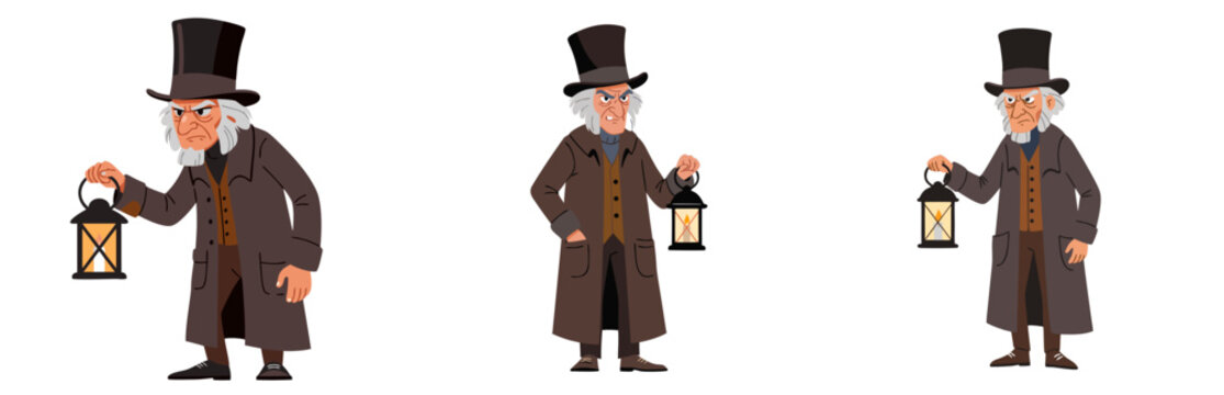 Victorian man in top hat holding candle lantern with grumpy face, transparent background, vector set