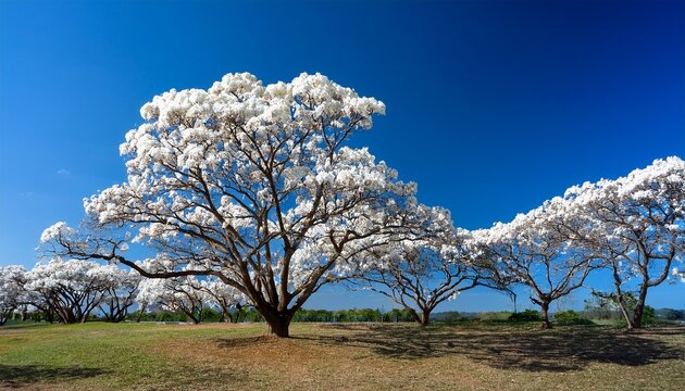 experience the mesmerizing beauty of a blooming white ipe tree where delicate white flowers are illuminated by sunlight against a backdrop of clear blue skies