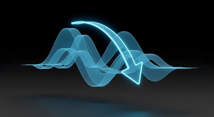 Abstract blue neon wave with downward arrow symbol