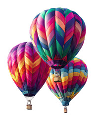 Three colorful hot air balloons, vibrant patterns, close-up view, against a black background