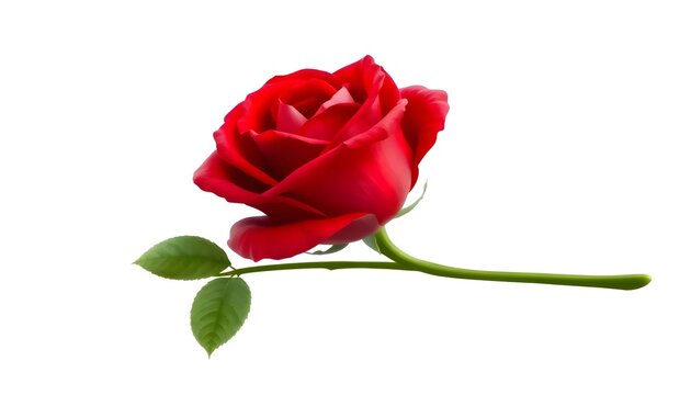 A single red rose lying horizontally on a white background with green leaves and stem visible