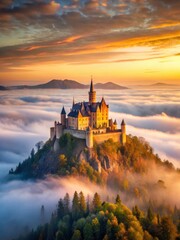 Obraz premium Majestic Castle Mountain at sunset with a misty veil
