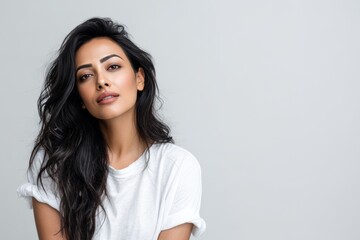 Fototapeta premium A beautiful woman with long dark hair, wearing a white shirt against a gray background. Ideal for fashion, beauty, and lifestyle photography.