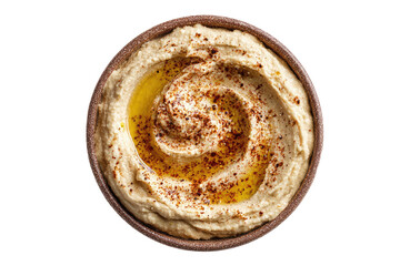 Creamy hummus in a small bowl, topped with oil and spices