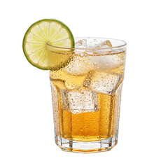 Refreshing Cold Amber Drink with Ice Cubes and Fresh Lime Slice Isolated on White Background, Perfect for Summer Beverages