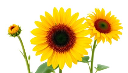 Obraz premium Three sunflowers one in bud and two fully bloomed on a white background in a studio shot close up
