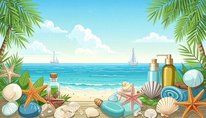 Tropical beach spa scene with various spa products and seashells on a wooden surface