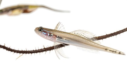 Small, slender fish with delicate fins swimming near a prickly stem, bright background