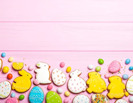 Easter cookies arranged on pink wooden planks - Powered by Adobe
